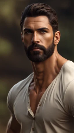 Portrait of an Olive skinned Man, very muscular, very handsome with short dark hair and a neatly trimmed beard, photorealistic