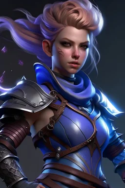 create a young female air genasi from dungeons and dragons, wind like hair, wearing hot leather clothing that also looks studded, blue and purple coloring, realistic, digital art, high resolution, strong lighting