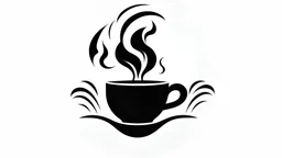 A logo of black and white stylized illustration of a steaming coffee cup, minimalistb