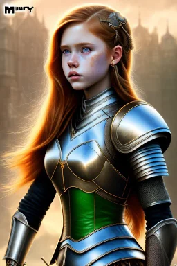 hyper realist, hyper detailed, stunningly beautiful 13 year old teen girl, long ginger hair, green eyes, medium freckles, full lips, skimpy leather armor, full body and head, a-cup breasts, stern expression, full frame, petite, ignore NSFW