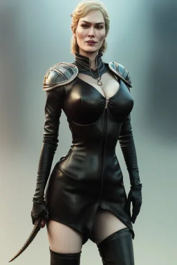 Cersei Lannister as evil dominatrix in black leather, busty, cleavage, curvy, lena headay, angry, stern look. character design by cory loftis, fenghua zhong, ryohei hase, ismail inceoglu and ruan jia. unreal engine 5, artistic lighting, highly detailed, photorealistic, fantasy