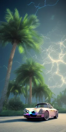 1980's aesthetic vaporwave palm trees and spheres and Porsche with lightning