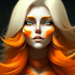 fantasy setting, woman, orange and white hair, wavy hair, freckles, ranger, more orange hair, more white hair, more white hair