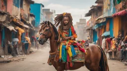 "I'm envisioning a captivating scene featuring an Ethiopian local girl with dreadlocks riding a horse in the city. The backdrop is a vibrant Ethiopian cityscape, seamlessly blending traditional and modern elements. The girl, adorned in colorful and traditional clothing, proudly displays beautiful dreadlocks adorned with beads and accessories. She skillfully rides a horse through the bustling city streets, with the horse adorned in traditional Ethiopian fabric and beaded decorations. The surround