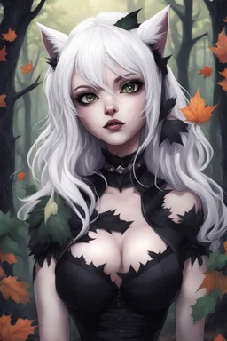 CAT GIRL, goth, forest, nature, cartoon, leaves, boobs, portrait, colour image, white hair