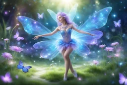 a cosmic fairy dancer dancing in a magical lawn with a crystal creek and fairy butterfly