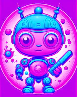 Highly detailed portrait of a small, adorable robot with round, expressive eyes and a friendly smile. it has a cheerful, bright color scheme, with a mix of pastel blues, pinks, and purples, standing with its arms crossed holding a toy sword, surrounded by a swirling vortex of energy.