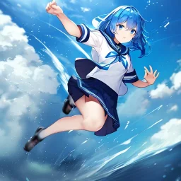 Clear focus,High resolution, Vibrant short blue hair, Vibrant blue eyes, Wearing a sailor uniform, Running