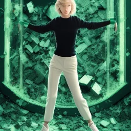 short blonde hair, green pullover, black pants, woman falling through glass shards, pan in the hand, brown shoes, side view, no ground