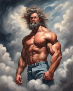 hairy muscle man like a top model in clouds. 19th painting