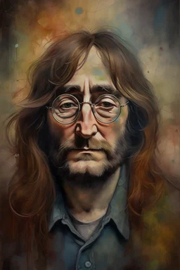 an expressive painting of John Lennon with long hair and beard , and glasses, we might see a companion with features of absolute strength and determination, blended with warmth and deep faith. Perhaps her face expresses wisdom and courage, with eyes radiating confidence and faith.