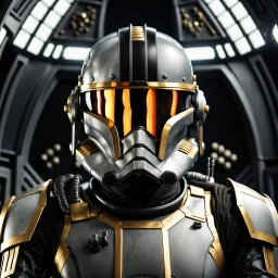 star wars bald male corellian pilot wearing gunmetal grey and black First Order special forces TIE pilot armored flightsuit and helmet with gold trim inside the jedi temple, centered head and shoulders portrait, hyperdetailed, dynamic lighting, hyperdetailed background, 8k resolution, volumetric lighting, light skin, fully symmetric details