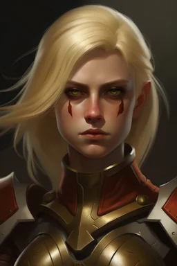 reina del imperio orion con pelo rubio y rostro redondo con fuerte mirada pintada