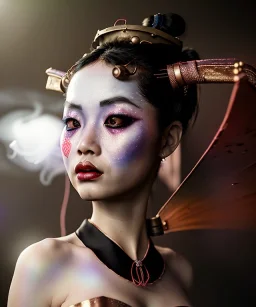 Ultra realistic, steampunk , , cabaret scene. Geisha Asian woman, alien, smoke, happy, color fog, people background, highly detailed, concept art, unreal engine 5, god rays, ray tracing, RTX, lumen lighting, ultra detail, volumetric lighting, 3d, finely drawn, high definition, high resolution.