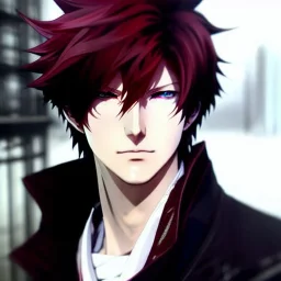 Detailed anime boy, crimson red hair, classic taper hairstyle, dante dmc5 hairstyle, wolf ears protruding out, white trench coat, intricate details, full body portrait, keep head in frame, slight smile, black Japanese motif, concept art, highly detailed, digital painting, concept art, sharp focus, illustration, art by Yoji Shinkawa, WLOP and greg rutkowski and alphonse mucha and artgerm and yanjun Chen and Junji ito and Makoto Shinkai, HDR, octane render, highly detailed