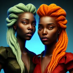 3D. Detailed Painting .realistic. Dark skin women. Beautiful. the faces of two young black women. Warm. Fire nymphs emerging from the flames.red.. Energy. Focus. THeir hair looks like smoke .smoke curling. Dreadlocs. Their skin is the colour of charcoal . Their hair moves like smoke. . their clothing is made of flames, red. Orange. Yellow. White and gold