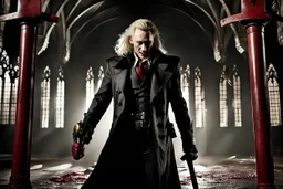 Action shot of Tom Hiddleston as Alucard from the live action "Hellsing" movie based on the anime of the same name. The scene is the dungeon from the first episode of the anime, and he is licking blood from the floor.