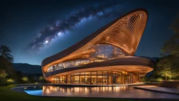 Inspirador y hermoso edificio ultramoderno de madera entretejido basado en formas de parábola, hélice y onda sinusoidal, con grandes ventanales, arquitectura artística e increíble, ubicación rural, noche, estrellas, luz de luna, luciérnagas, montañas distantes, lago, luz natural suave y perfecta, extremadamente detallada , fotografía premiada, hermosa composición, 16k, HDR, alta calidad, enfoque nítido, fotografía de estudio, obra maestra