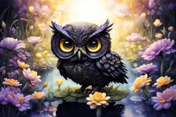 black light art, owl and small chibi duck in a flowergarden with beautiful flowers, pond, in sunshine, H.R. Giger, anime, steampunk, sürreal, watercolor and black in outlines, golden glitter, ethereal, cinematic postprocessing, bokeh, dof