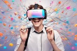 الصورة تعرض شابًا يرتدي نظارات الواقع الافتراضي وهو يستمتع بتجربة واقع افتراضي مذهلة. يظهر وجهه المبتسم وتعابير الدهشة في عينيه واضحة، حيث يبدو وكأنه مغمور في عالم ثلاثي الأبعاد مليء بالألوان والتفاصيل. تتدفق الأسلاك من النظارات على جانبي وجهه، مما يُظهر التفاصيل التكنولوجية المذهلة للجهاز. خلفه، يمكن رؤية أشكال هندسية ثلاثية الأبعاد وصور مجردة تطفو في الهواء، مما يعكس تجربة فريدة وغامرة للواقع الافتراضي. يتواجد شعار "مستقبل الواقع الافتراضي" بالزاوية السفلى اليمنى للصورة، يضفي لمسة إضافية من ال