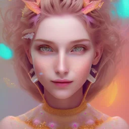 fairy, pink, blue, beautiful, happy smile, gold, jewels, hyperrealism, masterpiece, expert, cinematic lighting, sharp focus, 8K, pastel, macro lens, woman, detailed, flower