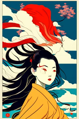 Vietnamese girl, primary colors with white highlights, half tone, close-up portrait, hair blown by the wind, Hokusai wave background, ukiyo-e style by Tomer Hanuka and Atey Ghailan and Roy Lichtenstein and Maxfield Parrish, expressive, in the style of official art, gorecore, koi fish and avian-themed, dark yellow and light black, oshare kei, full body.Vector, Cell shade,