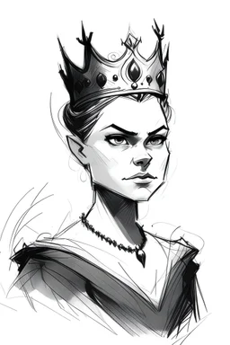 sketch of a young evil queen that is feeling giuly but trying to pretend she is brave and she can work through it