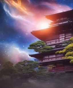 Japanese tea house in outer space with a nebula backdrop and otherworldly trees blue mist