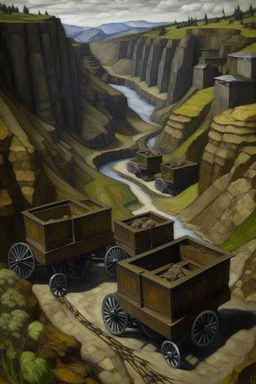 A dark brown tar pit canyon with minecarts painted by Diego Rivera