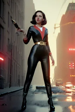 retro portrait image from 1960, New York explosion, long hair, young Scarlett Johansson, classic black tight lycra suit, gold bracelet and belt, high heel boots, soft color, highly detailed, unreal engine 5, ray tracing, RTX, lumen lighting, ultra detail, volumetric lighting, 3d, finely drawn, high definition, high resolution.