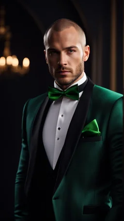 Handsome tough Alpha Male aged 30. buzz-cut hair, stubble on chin, wearing a black tuxedo with a green bow tie. Hyperrealistic 4k dark fantasy