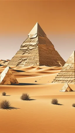 A beige desert with shiny pyramids painted by Andy Warhol