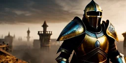 apocalypse, chaotic, magnificent, realistic, colorful, massive, epic, ray tracing, cinematic, 8k, HD, Ultra High Definition, photo film, film grain, hyper-detailed, old tarnished ornate rusty Hyper detailed Gold Medieval Knight helmet with glass visor and matching suit of armor