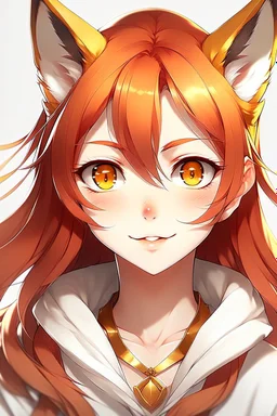 An anime young adult female withe red hair and gold eyes, fox ears