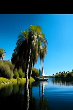 One tall palm tree on the river bank and on the other side of the river a sailing boat and trees , great photography, 8k , high quality. A beautiful clear blue sky in the background