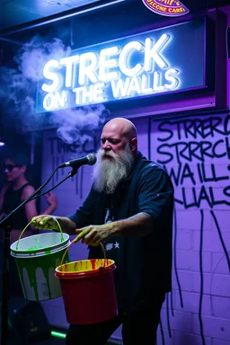 An "Mischief man" performing at dance club, his name is "Janne" bald with beard and looks crazy, Paint buckets on stage, Neon lights and smog, "STRECK ON THE WALLS" SIGN ON WALL, white walls with black paint lines