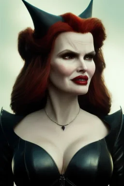 Geena Davis as evil queen in black leather, leather, busty, cleavage, angry, rage, stern look. character design by cory loftis, fenghua zhong, ryohei hase, ismail inceoglu and ruan jia. unreal engine 5, artistic lighting, highly detailed, photorealistic, fantasy