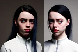 Billie Eilish, full body, on the bed, in my underwear, pale skin, high detail, realistic, 16k, not to be distinguished from a photo, identical pupils