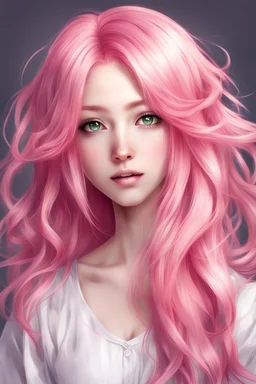 beautiful young woman with long pink hair style anime