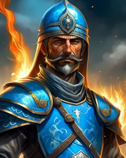 An iranian commander with flaming eyes with flaming light blue pupils with stubble An armor made of a mixture of steel and leather, worn by a strong commander with magical power stands atop a squire