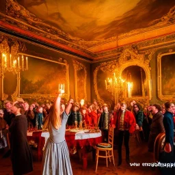 Celebration in a schloss, austrian people, ledherhosen, Austrian aesthetic, warm colors, wooden floor, forest green walls, chiaroscuro, 8k, HD, cinematography, photorealistic, Cinematic, Color Grading, Ultra-Wide Angle, Depth of Field, hyper-detailed, beautifully color-coded, insane details, intricate details, beautifully color graded, Cinematic, Color Grading, Editorial Photography, Depth of Field, DOF, White Balance, 32k, Super-Resolution, Megapixel, ProPhoto RGB, VR, Halfrear Lighting