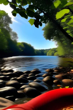 imagen de caperucita roja asomándose al río, desde la perspectiva de abajo del agua
