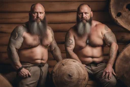 full body two men 50 years old woodcutter in boxer muscular chubby hairy shirtless with many tattooes with a huge bulge , body, long beard, wood background,High detail, very detailed, ultra HD, 8k, cinematic