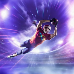 colourful rounded infinity symbol ∞ on shirt, American football player diving with an American football in both hands to score a touch down, striking, vibrant, chiaroscuro, dramatic, captivating, powerful, beautiful, octane render, 16k post-production, artstation: award-winning: atmospheric: commanding: fantastical: clarity: ultra quality: striking: brilliance: stunning colors: amazing depth; lens: f/11, 35mm