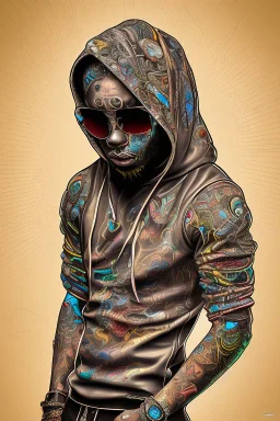 Cool black rapper with all the jewelery and tattoos, hoody and moves. Surrounded by an abstract backstreet graffiti vibe