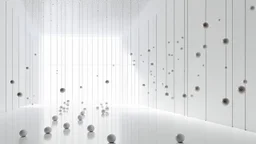 A minimalist white gallery with floating spheres made of ants, constantly shifting to create moving patterns.