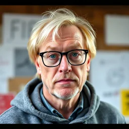 cool blonde hair blonde eyes guy 55 years old rodfessor big fat, smart,,, film maker director,,, wearing glasses yound in a hoody talking about philiophy ton his friends, style life realism