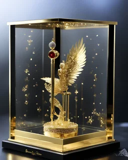 Luxury design of miniature singer music in a luxury glass box display case, singer music hand holding microphone stand,made of gold metal plate, metal craft with luminous diamond glitter, on the outside surface of luxury jewelry decoration very small diamond stones, very small abstract queen logo, 3D logo shape, musical notes, red diamond stones, black decoration, leaves and roses combined, emitting light, gold background