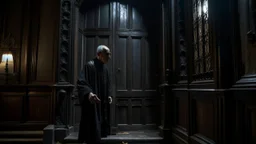A dark, iron door creaks open in a haunted mansion on a stormy autumn night, an elderly Hispanic priest in black cassock peers inside, rain lashing against the walls.
