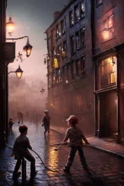 photorealistic painting of young boy fighting old boy, industrial era, night time, people in background, diagon alley, glowing lights, reflections on ground, spots of fire